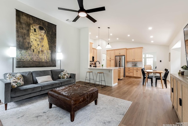 13755 Cedar Cyn, San Antonio, TX 78231 - living room with light wood-style flooring, lofted ceiling, recessed lighting, and a ceiling fan