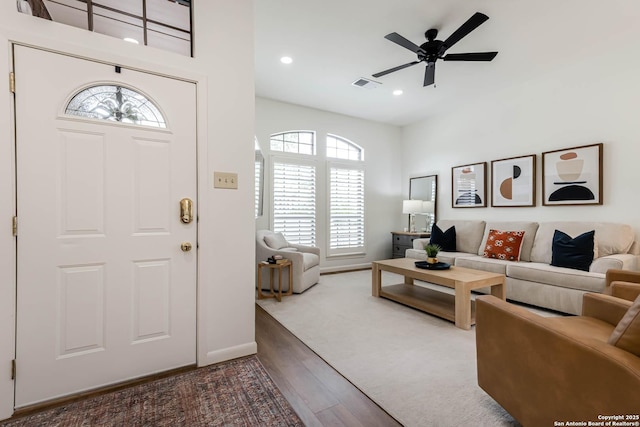 13755 Cedar Cyn, San Antonio, TX 78231 - living room with wood finished floors, a ceiling fan, recessed lighting, and baseboards