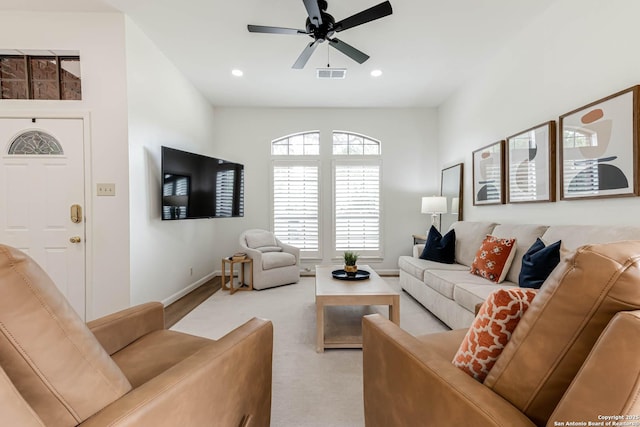 13755 Cedar Cyn, San Antonio, TX 78231 - living room with ceiling fan, recessed lighting, baseboards, and light colored carpet