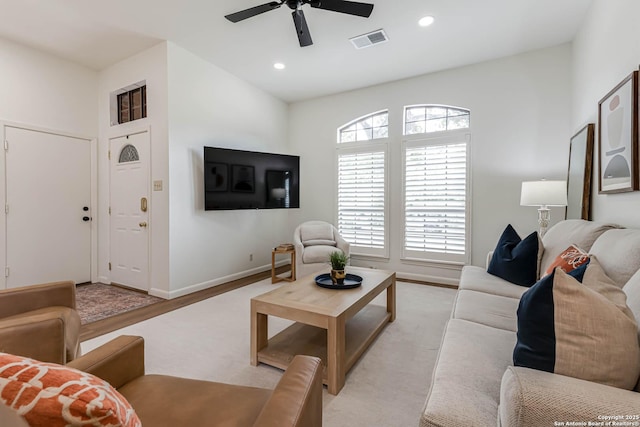 13755 Cedar Cyn, San Antonio, TX 78231 - living area featuring a ceiling fan, baseboards, and recessed lighting