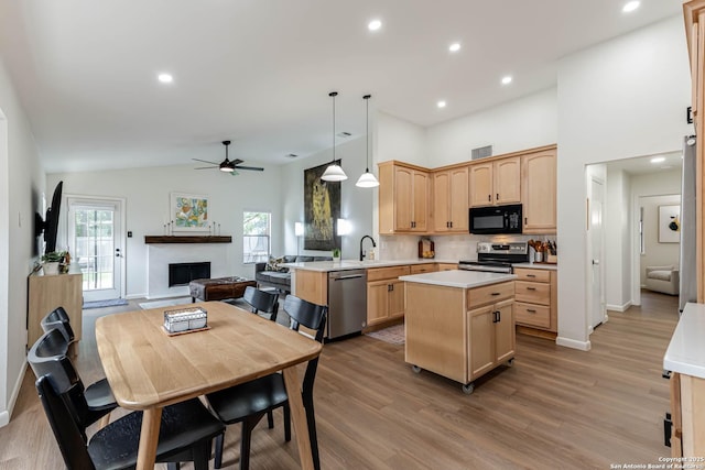 13755 Cedar Cyn, San Antonio, TX 78231 - kitchen with appliances with stainless steel finishes, light brown cabinetry, light wood finished floors, open floor plan, and ceiling fan