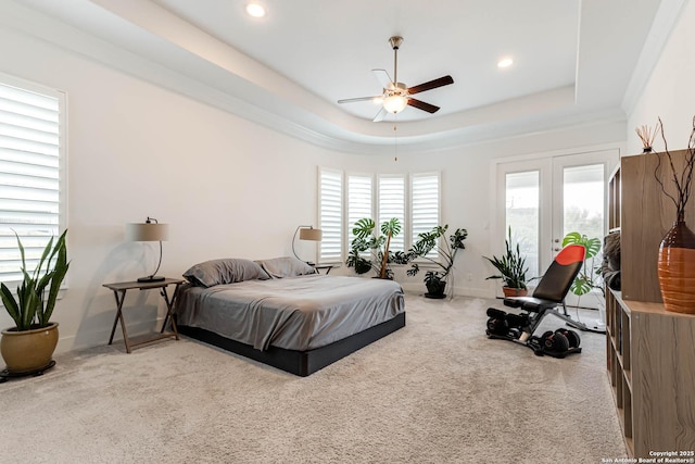 17703 San Felipe Bay, San Antonio, TX 78255 - carpeted bedroom with baseboards, a tray ceiling, recessed lighting, a ceiling fan, and crown molding