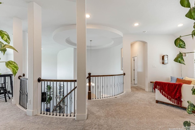 17703 San Felipe Bay, San Antonio, TX 78255 - hall featuring carpet, arched walkways, recessed lighting, baseboards, and an upstairs landing