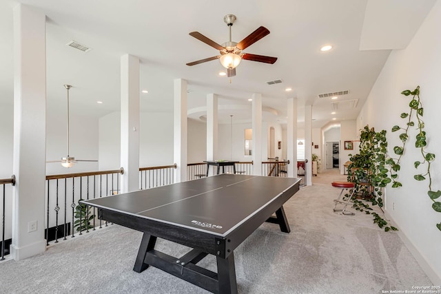 17703 San Felipe Bay, San Antonio, TX 78255 - game room with ceiling fan, light colored carpet, attic access, recessed lighting, and baseboards