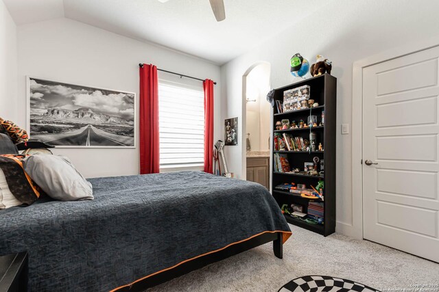 17703 San Felipe Bay, San Antonio, TX 78255 - bedroom featuring carpet flooring, vaulted ceiling, ceiling fan, and connected bathroom