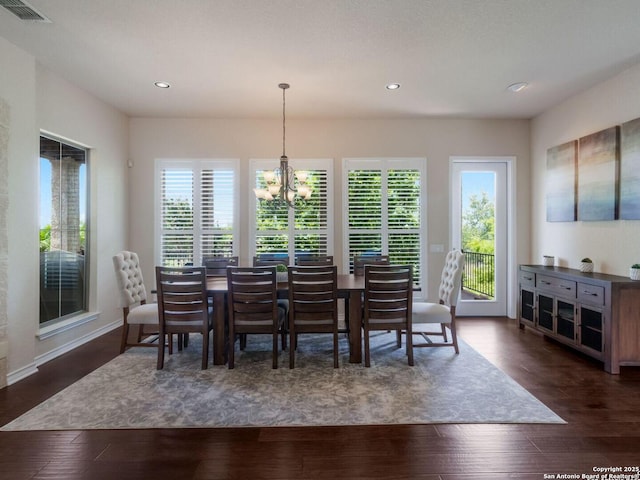 1280 Mystic Pkwy, Spring Branch, TX 78070 - dining room featuring a chandelier, plenty of natural light, recessed lighting, and dark wood finished floors