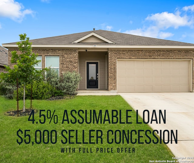 14527 Austin Hts, San Antonio, TX 78253 - ranch-style house featuring brick siding, concrete driveway, a garage, and a front lawn