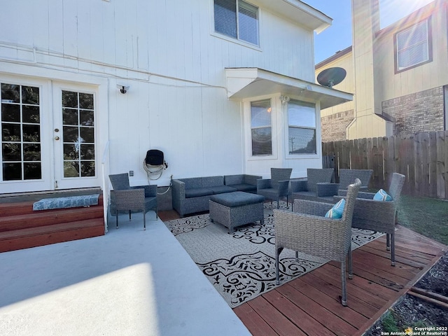 11427 Baltic Dr, San Antonio, TX 78213 - wooden deck with french doors, outdoor lounge area, and a patio