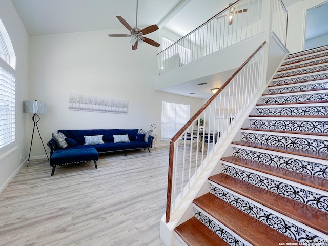 11427 Baltic Dr, San Antonio, TX 78213 - stairway featuring wood finished floors, a ceiling fan, high vaulted ceiling, and baseboards