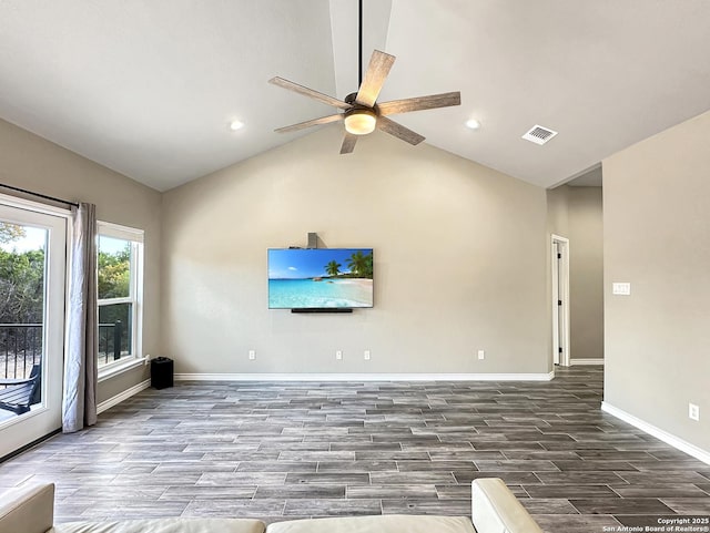 1229 Marlys, Canyon Lake, TX 78133 - unfurnished living room featuring wood finished floors, ceiling fan, baseboards, recessed lighting, and vaulted ceiling