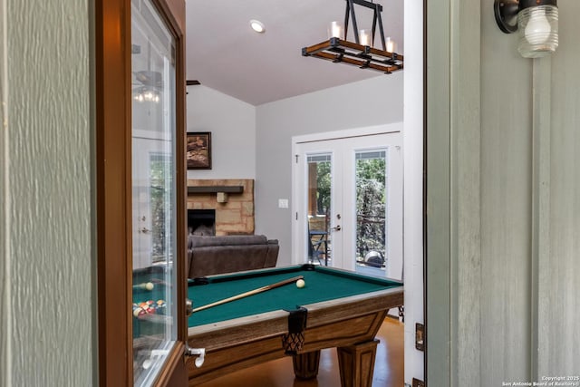 868 Lakeridge Loop, Lakehills, TX 78063 - game room featuring a fireplace, french doors, billiards, and lofted ceiling