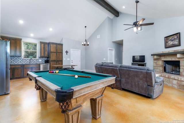 868 Lakeridge Loop, Lakehills, TX 78063 - playroom featuring a sink, ceiling fan, beamed ceiling, a fireplace, and billiards