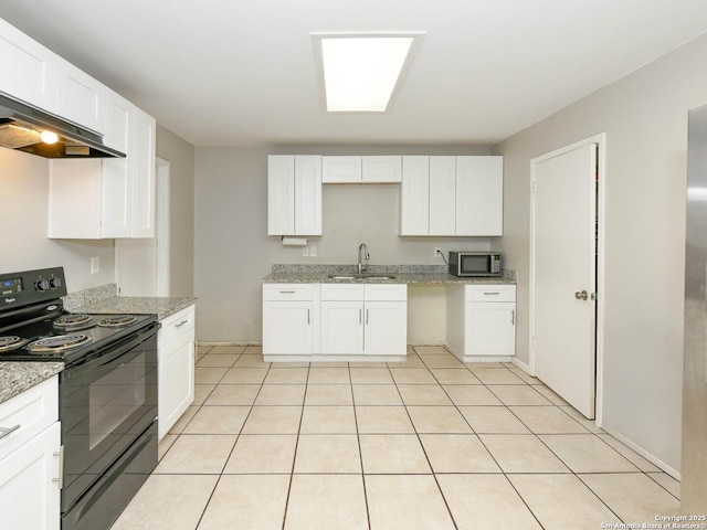 9730 Ivy Plain Dr, San Antonio, TX 78245 - kitchen featuring electric range, stainless steel microwave, a sink, ventilation hood, and white cabinetry