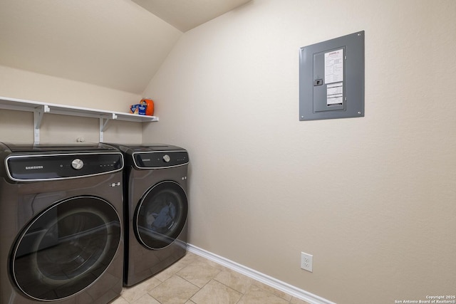 12162 Remilly Way, Schertz, TX 78154 - laundry area with washing machine and dryer, electric panel, baseboards, and light tile patterned flooring