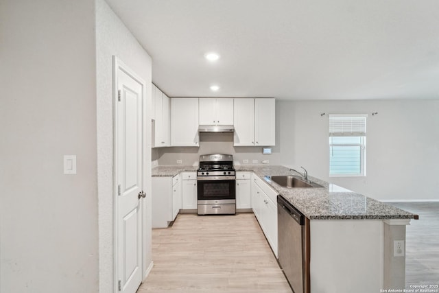 2781 Rosefinch, New Braunfels, TX 78130 - kitchen featuring appliances with stainless steel finishes, a sink, under cabinet range hood, a peninsula, and stone countertops