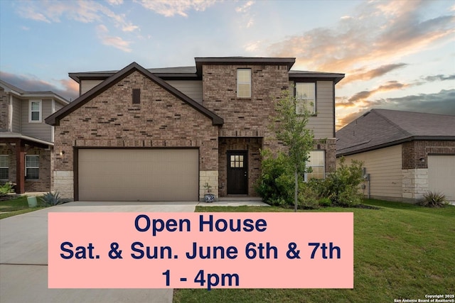 14607 Flatiron Clf, San Antonio, TX 78253 - view of front of house featuring driveway, brick siding, a lawn, and a garage