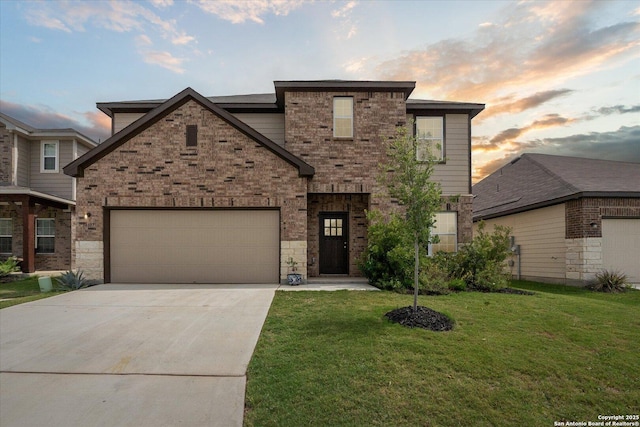 14607 Flatiron Clf, San Antonio, TX 78253 - view of front of property with a yard, driveway, a garage, and brick siding