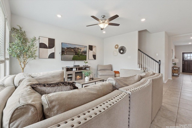 14607 Flatiron Clf, San Antonio, TX 78253 - living room featuring ceiling fan, recessed lighting, light tile patterned floors, and stairs