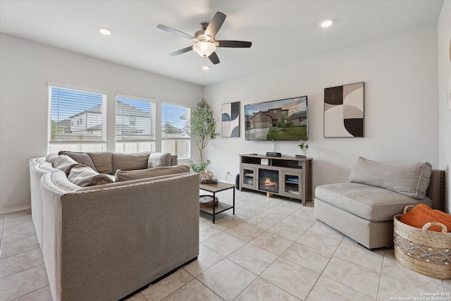 14607 Flatiron Clf, San Antonio, TX 78253 - living area with ceiling fan, light tile patterned flooring, baseboards, and recessed lighting