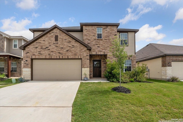 14607 Flatiron Clf, San Antonio, TX 78253 - view of front facade with driveway, a front lawn, brick siding, and a garage