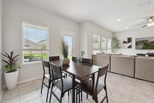 14607 Flatiron Clf, San Antonio, TX 78253 - dining room featuring light tile patterned floors, ceiling fan, baseboards, and recessed lighting