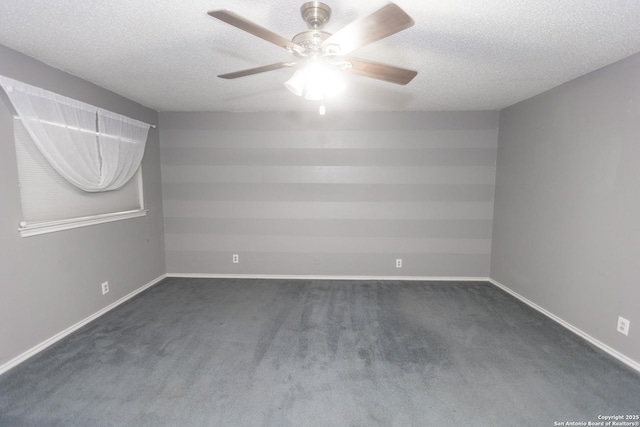 13043 Woller Crk, San Antonio, TX 78249 - unfurnished room featuring dark colored carpet, a ceiling fan, a textured ceiling, and baseboards