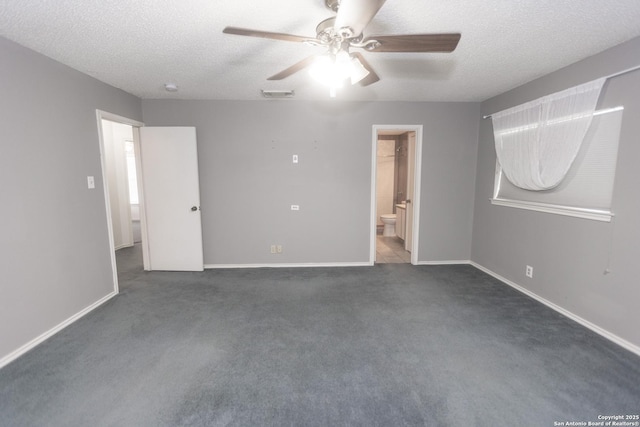 13043 Woller Crk, San Antonio, TX 78249 - unfurnished bedroom with a textured ceiling, carpet, baseboards, ensuite bath, and a ceiling fan
