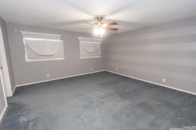 13043 Woller Crk, San Antonio, TX 78249 - unfurnished room featuring ceiling fan, dark carpet, baseboards, and a textured ceiling