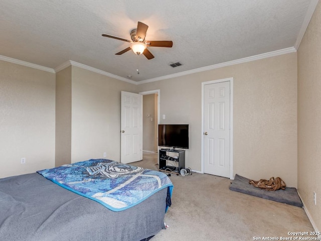 4622 Stallion Cv, San Antonio, TX 78244 - bedroom featuring light carpet, crown molding, and ceiling fan