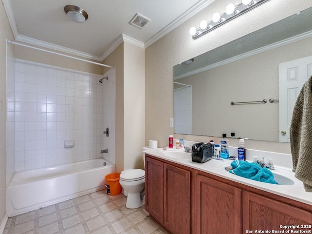 4622 Stallion Cv, San Antonio, TX 78244 - full bath featuring tile patterned floors, double vanity, shower / washtub combination, toilet, and ornamental molding