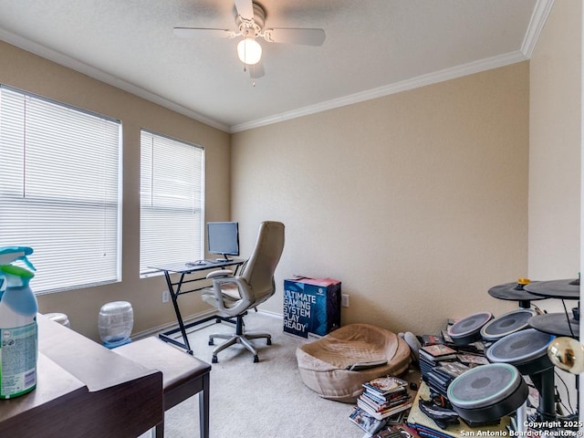 4622 Stallion Cv, San Antonio, TX 78244 - office featuring carpet floors, crown molding, and ceiling fan