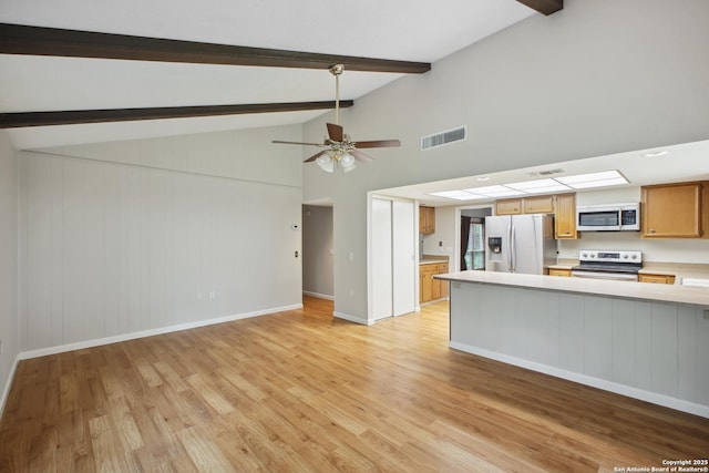 11519 Clifton Forge St, San Antonio, TX 78230 - kitchen featuring appliances with stainless steel finishes, light countertops, a ceiling fan, light wood-style flooring, and a peninsula