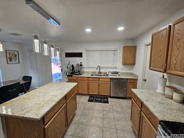 10518 Staggering, San Antonio, TX 78254 - kitchen featuring stainless steel dishwasher, a sink, a textured ceiling, brown cabinetry, and pendant lighting