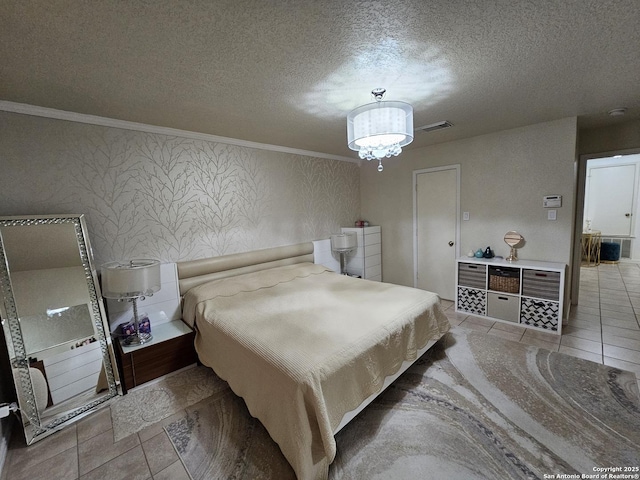 10518 Staggering, San Antonio, TX 78254 - bedroom featuring a textured ceiling, tile patterned floors, crown molding, a chandelier, and wallpapered walls