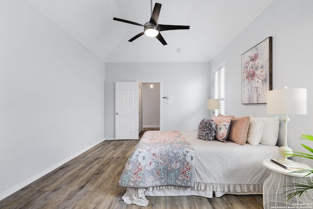 10907 Sangria Mist, San Antonio, TX 78249 - bedroom with wood finished floors, high vaulted ceiling, baseboards, and a ceiling fan