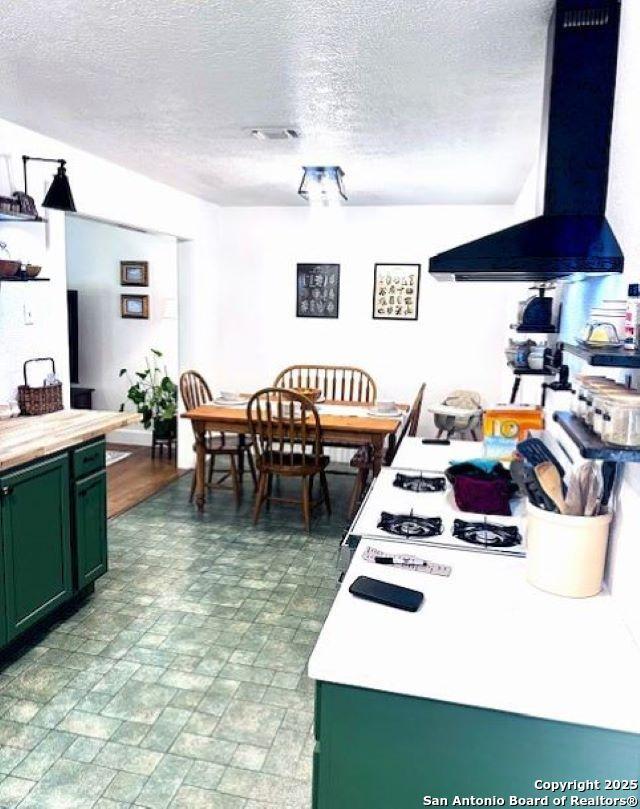 703 Mcdougal, San Antonio, TX 78223 - kitchen featuring green cabinetry, wall chimney range hood, light countertops, and a textured ceiling
