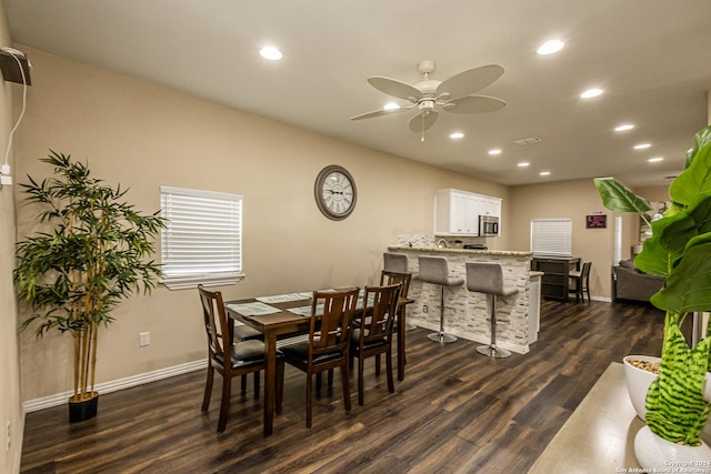 1202 N Center, San Antonio, TX 78202 - dining room featuring dark wood-style flooring, a ceiling fan, recessed lighting, and baseboards