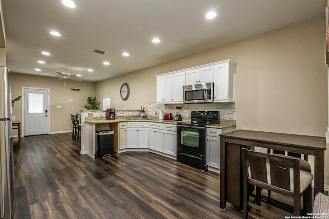 1202 N Center, San Antonio, TX 78202 - kitchen with black electric range, stainless steel microwave, a peninsula, dark wood finished floors, and tasteful backsplash