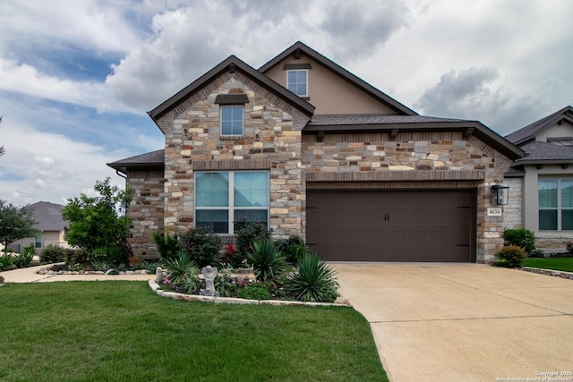 4634 Makayla Cross, San Antonio, TX 78261 - view of front facade featuring stone siding, driveway, a front lawn, and an attached garage