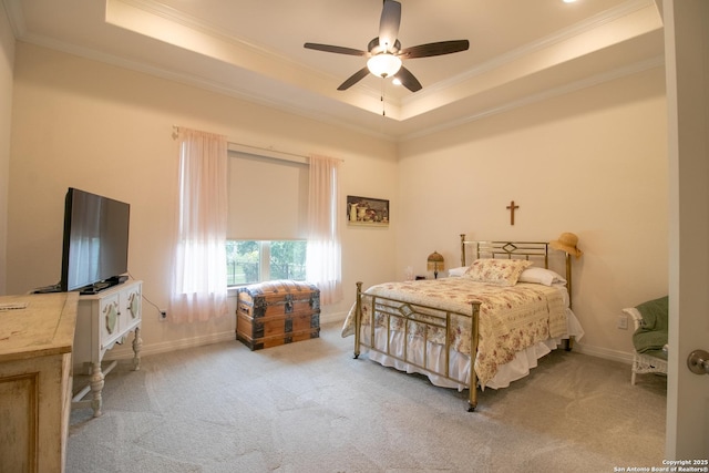 4634 Makayla Cross, San Antonio, TX 78261 - bedroom featuring a raised ceiling, ornamental molding, carpet floors, baseboards, and ceiling fan
