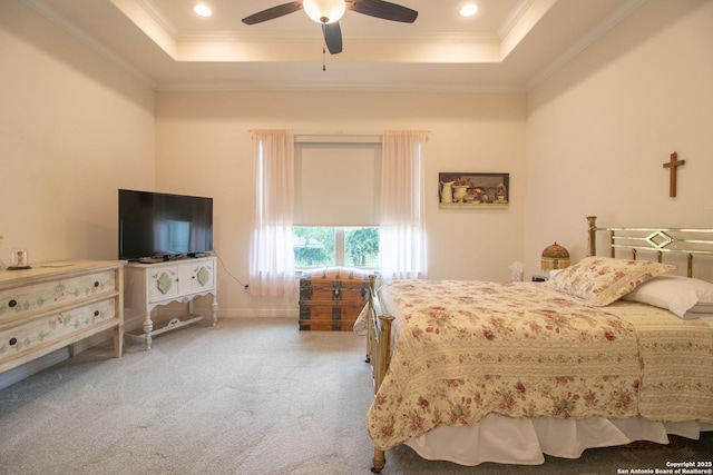 4634 Makayla Cross, San Antonio, TX 78261 - bedroom featuring a raised ceiling, crown molding, carpet, a ceiling fan, and recessed lighting