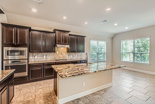 32241 Tamarind, Bulverde, TX 78163 - kitchen featuring stainless steel appliances, a sink, under cabinet range hood, backsplash, and light stone counters