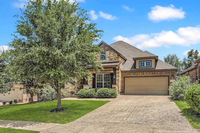 32241 Tamarind, Bulverde, TX 78163 - french provincial home with stone siding, an attached garage, a front lawn, concrete driveway, and roof with shingles