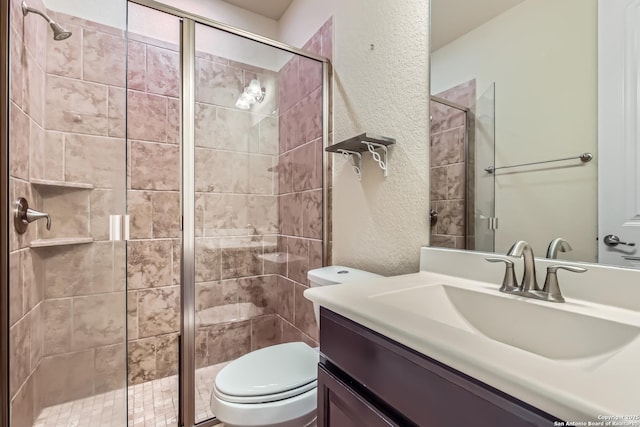 32241 Tamarind, Bulverde, TX 78163 - full bath featuring a textured wall, toilet, a shower stall, and vanity