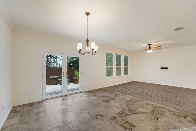 5245 Nature Path, Schertz, TX 78154 - unfurnished room featuring baseboards, a ceiling fan, a chandelier, ornamental molding, and french doors
