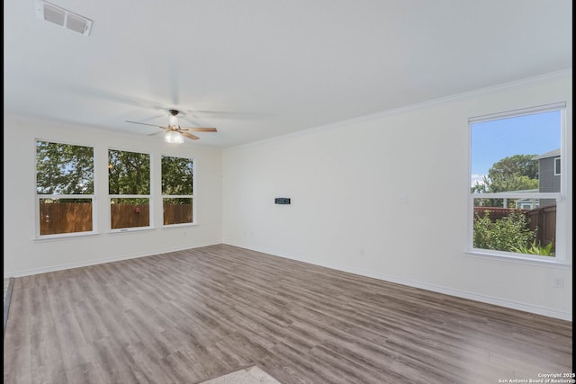 5245 Nature Path, Schertz, TX 78154 - spare room featuring plenty of natural light, wood finished floors, ceiling fan, crown molding, and baseboards