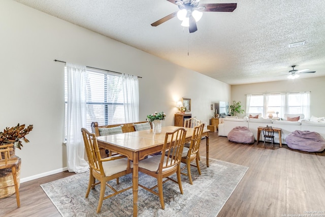 9515 Wicklow, San Antonio, TX 78250 - dining area featuring a ceiling fan, a textured ceiling, and wood finished floors