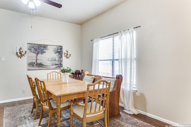 9515 Wicklow, San Antonio, TX 78250 - dining space with wood finished floors, a ceiling fan, and baseboards