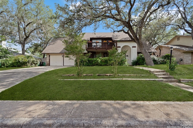 2822 Low Oak, San Antonio, TX 78232 - view of front of property with a front lawn, concrete driveway, stucco siding, an attached garage, and a deck