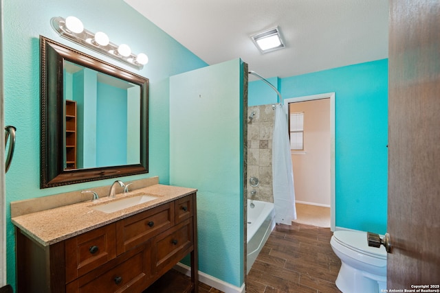 2822 Low Oak, San Antonio, TX 78232 - full bath featuring toilet, vanity, wood finished floors, shower / bathtub combination with curtain, and baseboards